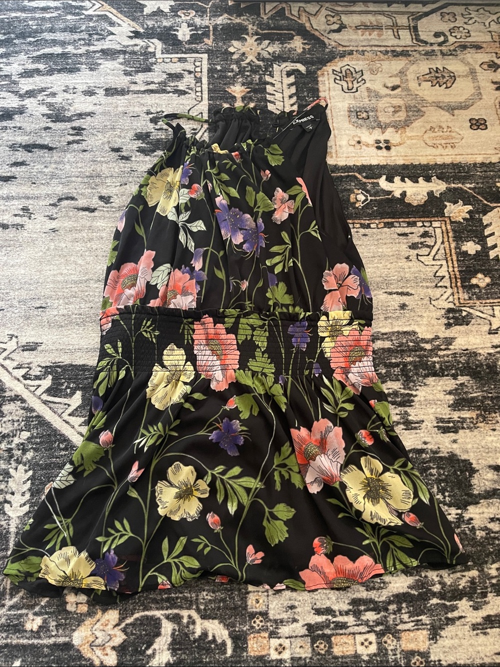 Express Black Floral Halter Smocked Waist Top